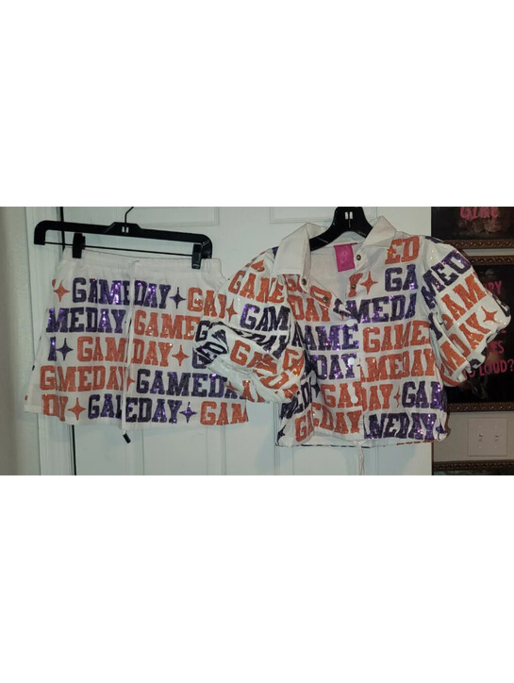 QUEEN OF SPARKLES GAME DAY PURPLE & ORANGE SEQUIN TOP & SKIRT MATCHING SET CLEMS